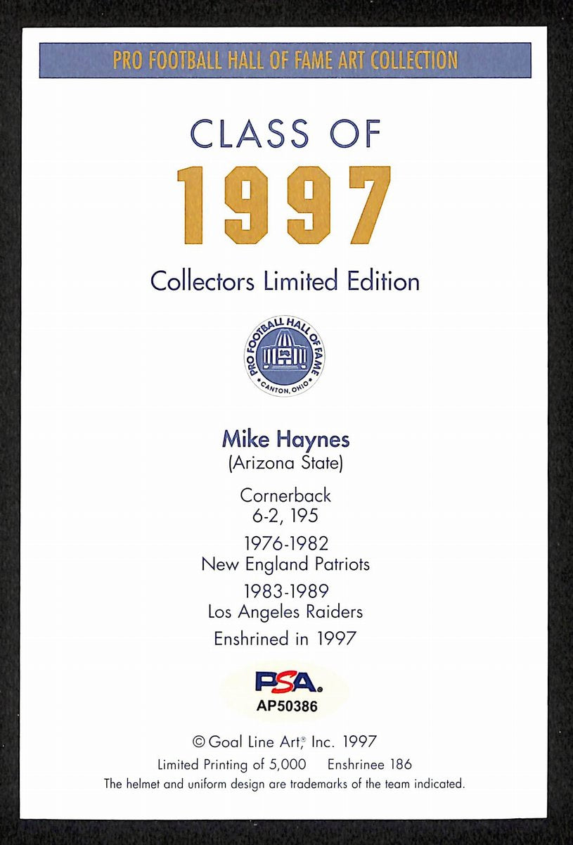 Mike Haynes Signed/Inscr 1997 GLAC/Goal Line Art Postcard Raiders PSA/DNA 200356