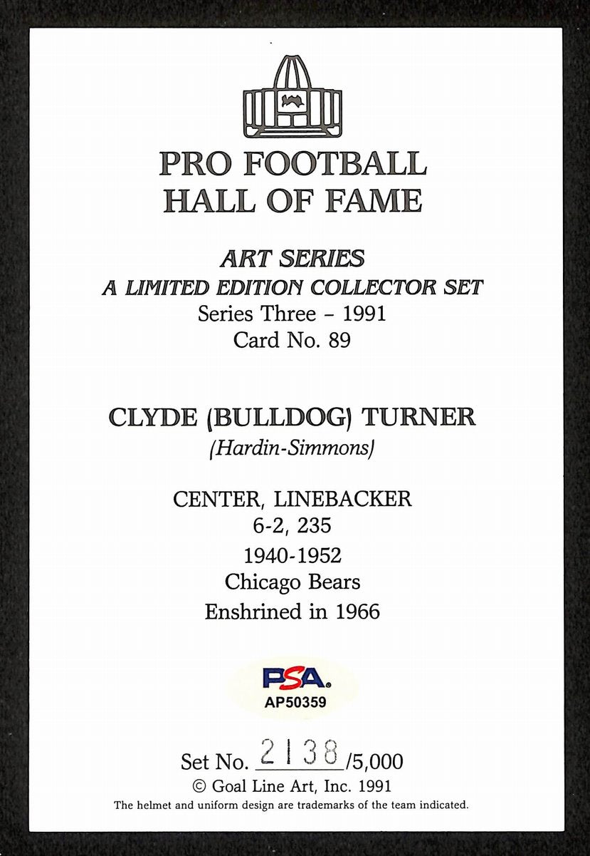Clyde Turner Signed/Auto 1991 GLAC/Goal Line Art Postcard Bears PSA/DNA 200362