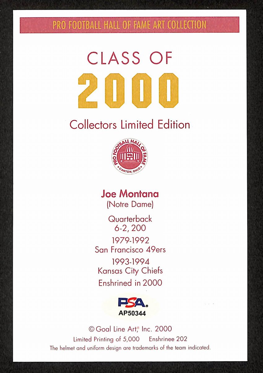 Joe Montana Signed/Inscr 2000 GLAC/Goal Line Art Postcard 49ers PSA/DNA 200376