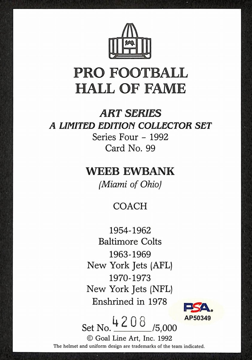 Weeb Ewbank Signed/Auto 1992 GLAC/Goal Line Art Postcard Colts PSA/DNA 200381