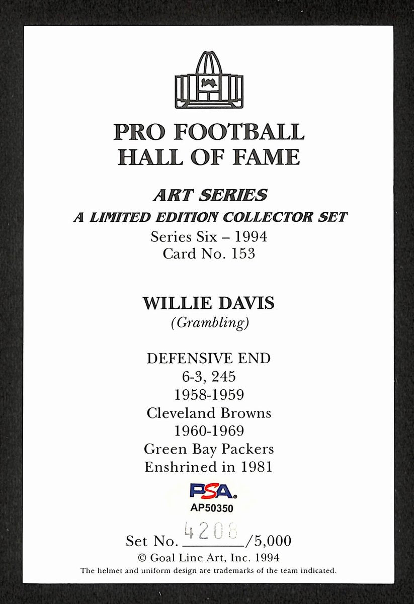 Willie Davis Signed/Auto 1994 GLAC/Goal Line Art Postcard Packers PSA/DNA 200382