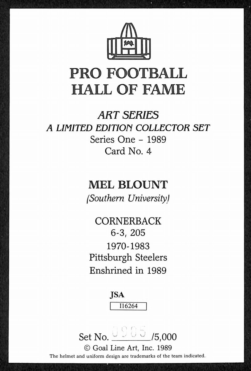 Mel Blount Signed 1989 GLAC/Goal Line Art Postcard Steelers JSA 200284
