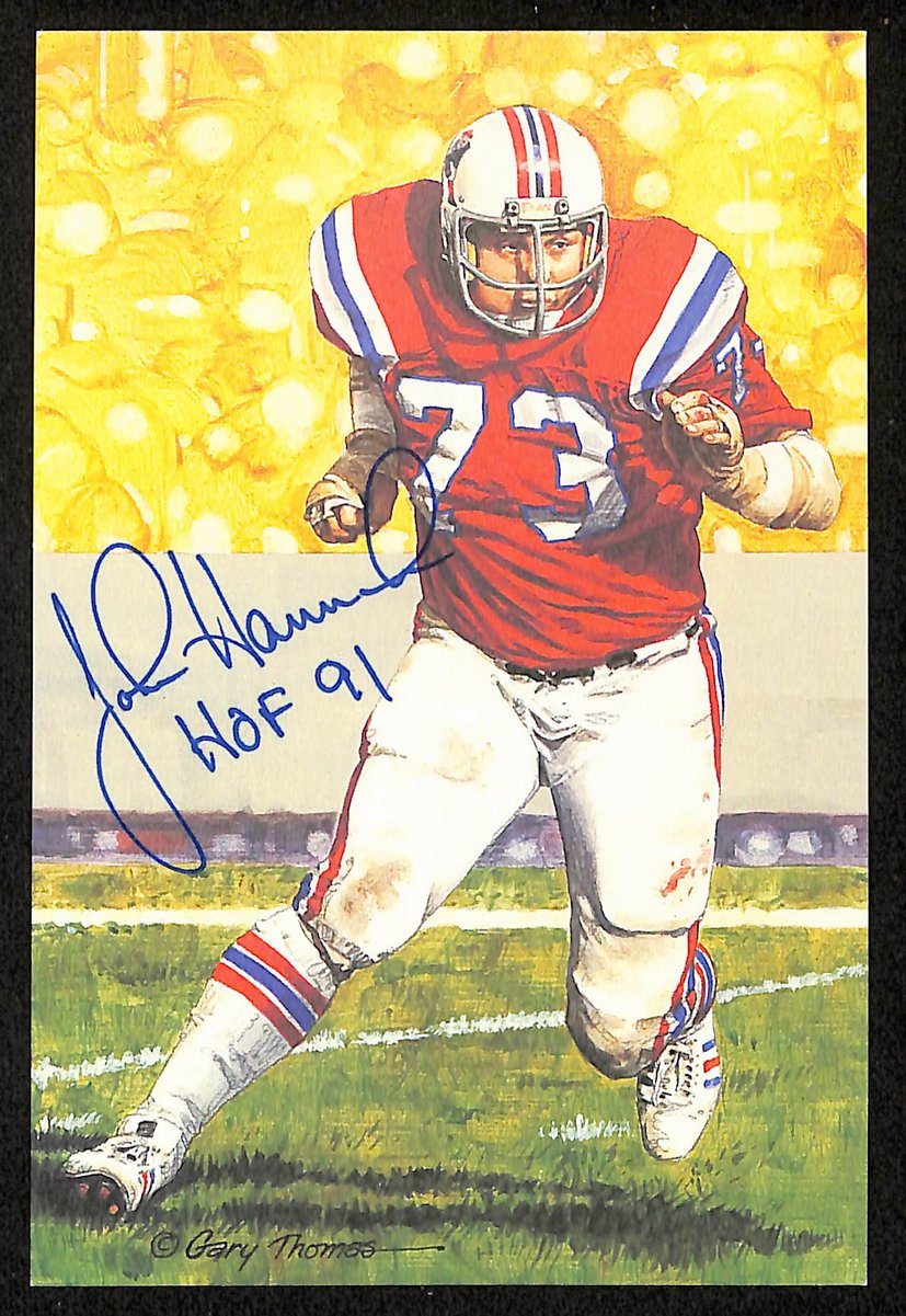 John Hannah Signed/Insc 1991 GLAC/Goal Line Art Postcard Patriots JSA 200285