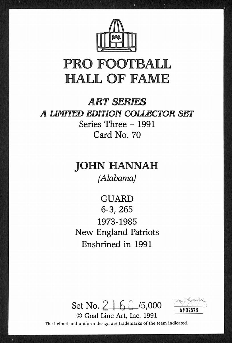 John Hannah Signed/Insc 1991 GLAC/Goal Line Art Postcard Patriots JSA 200285