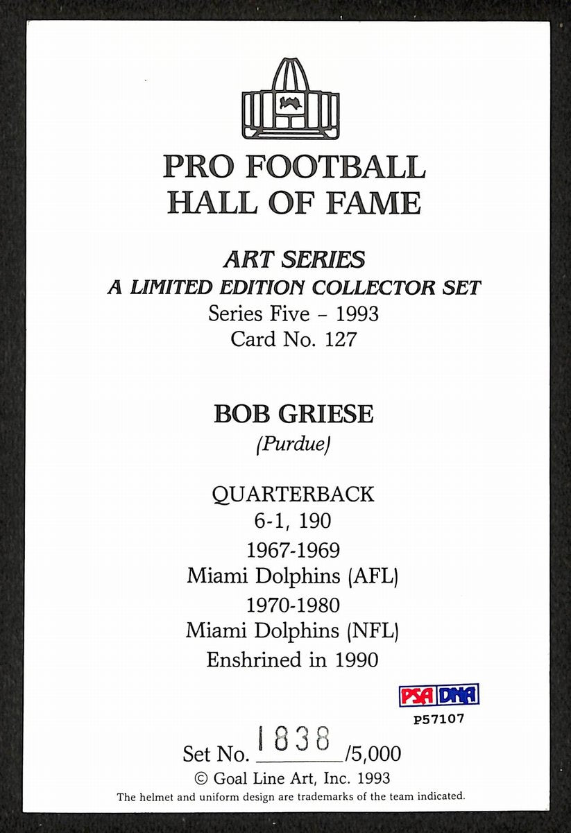 Bob Griese Signed/Auto 1992 GLAC/Goal Line Art Postcard Dolphins PSA/DNA 200286