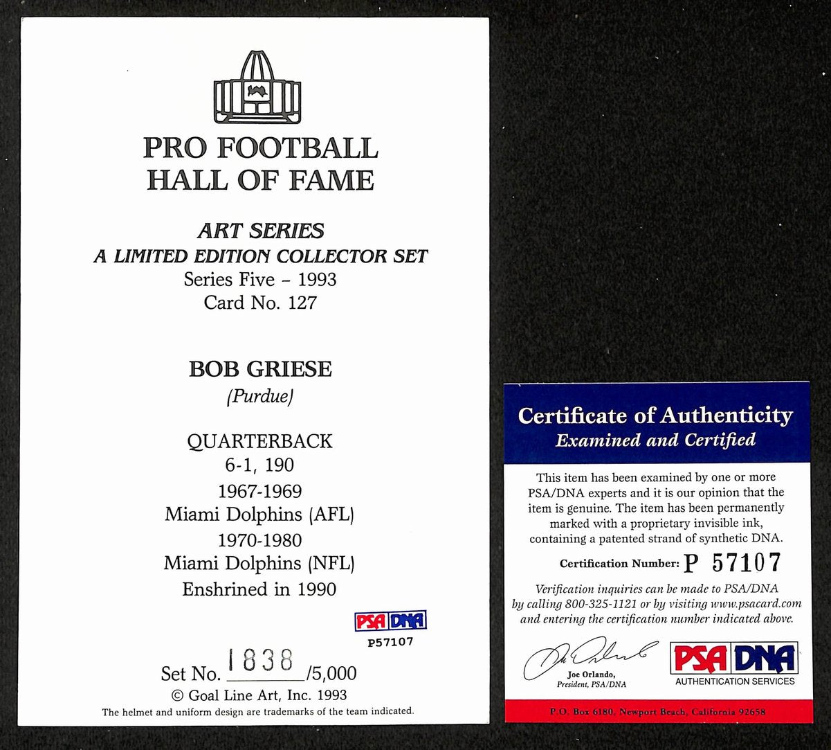 Bob Griese Signed/Auto 1992 GLAC/Goal Line Art Postcard Dolphins PSA/DNA 200286