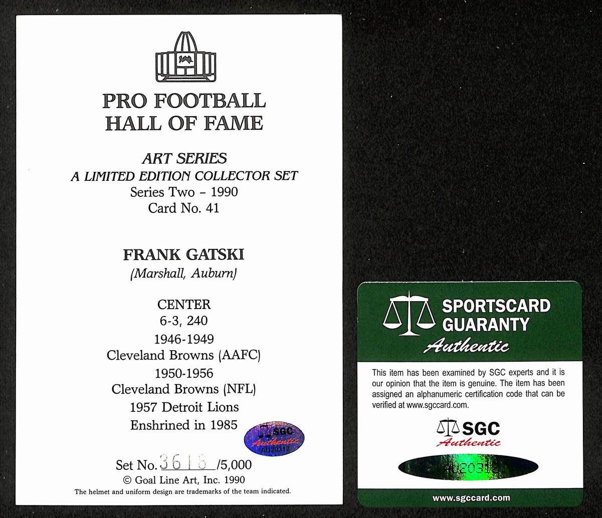 Frank Gatski Signed/Inscr 1990 GLAC/Goal Line Art Postcard Browns SGC 200287