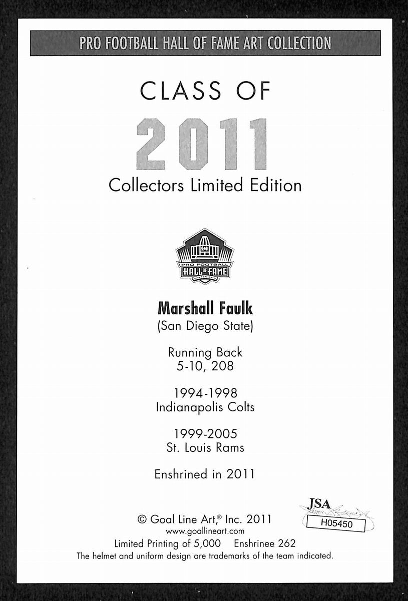 Marshall Faulk Signed/Auto 2011 GLAC/Goal Line Art Postcard LA Rams JSA 200289
