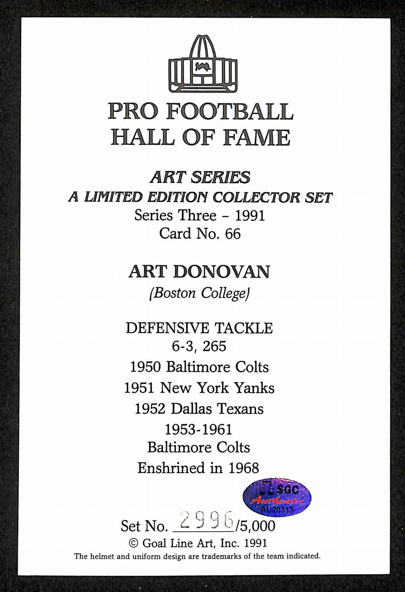 Art Donovan Signed/Auto 1991 GLAC/Goal Line Art Postcard Colts SGC 200290