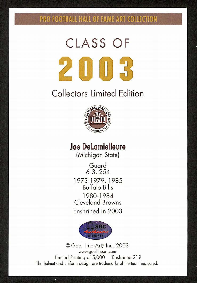 Jim DeLamielleure Signed/Inscr 2003 GLAC/Goal Line Art Postcard Bills SGC 200291
