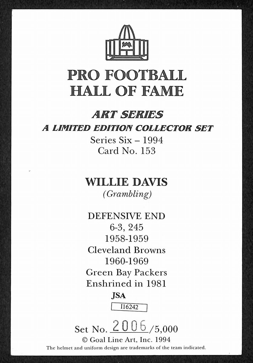 Willie Davis Signed/Inscr 1994 GLAC/Goal Line Art Postcard Packers JSA 200293