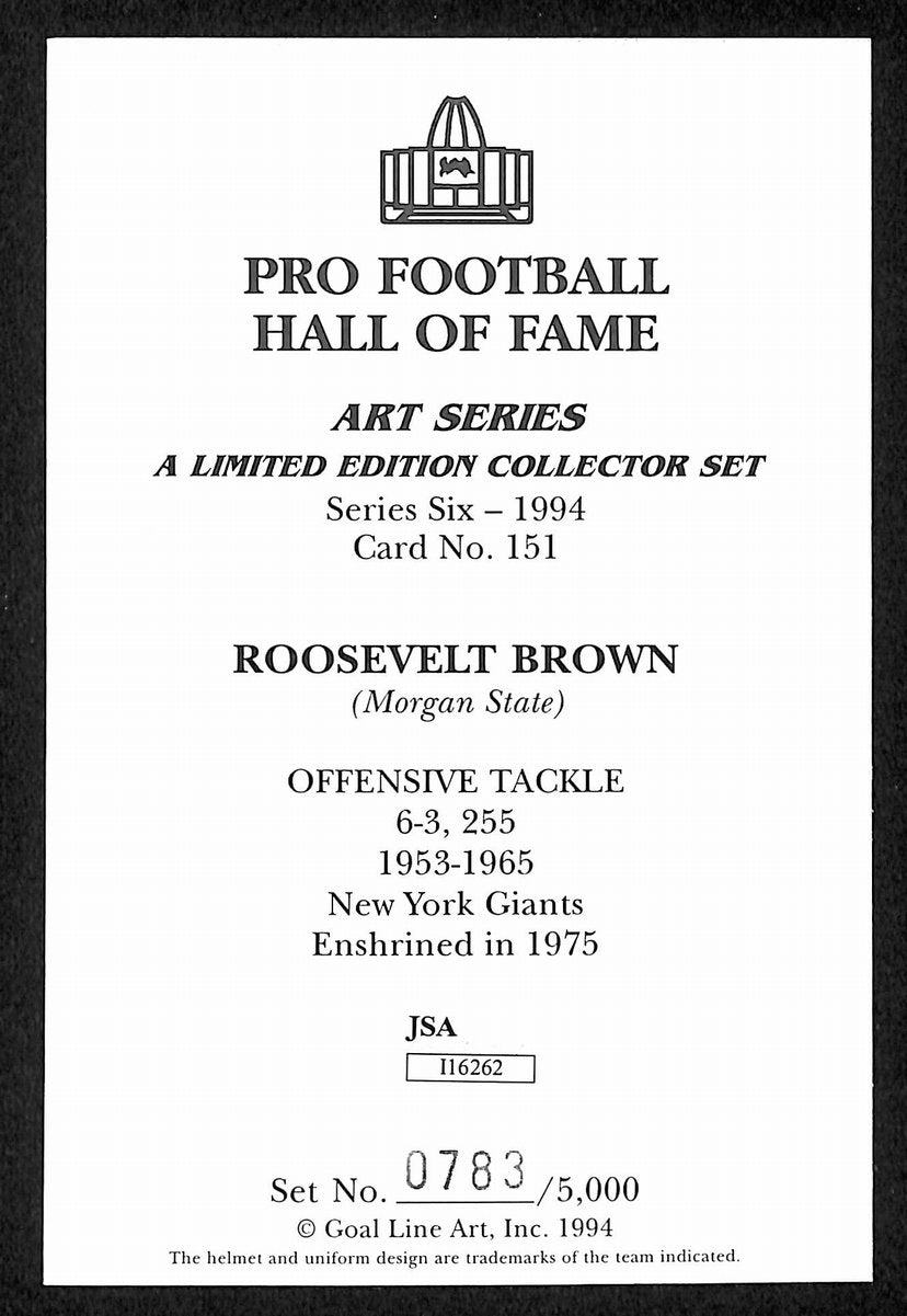 Roosevelt Brown Signed/Auto 1994 GLAC/Goal Line Art Postcard Giants JSA 200296