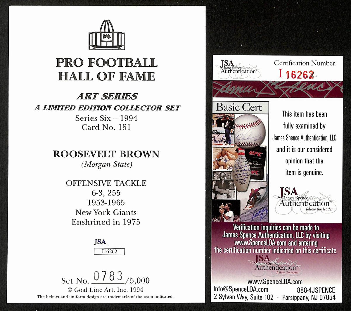 Roosevelt Brown Signed/Auto 1994 GLAC/Goal Line Art Postcard Giants JSA 200296