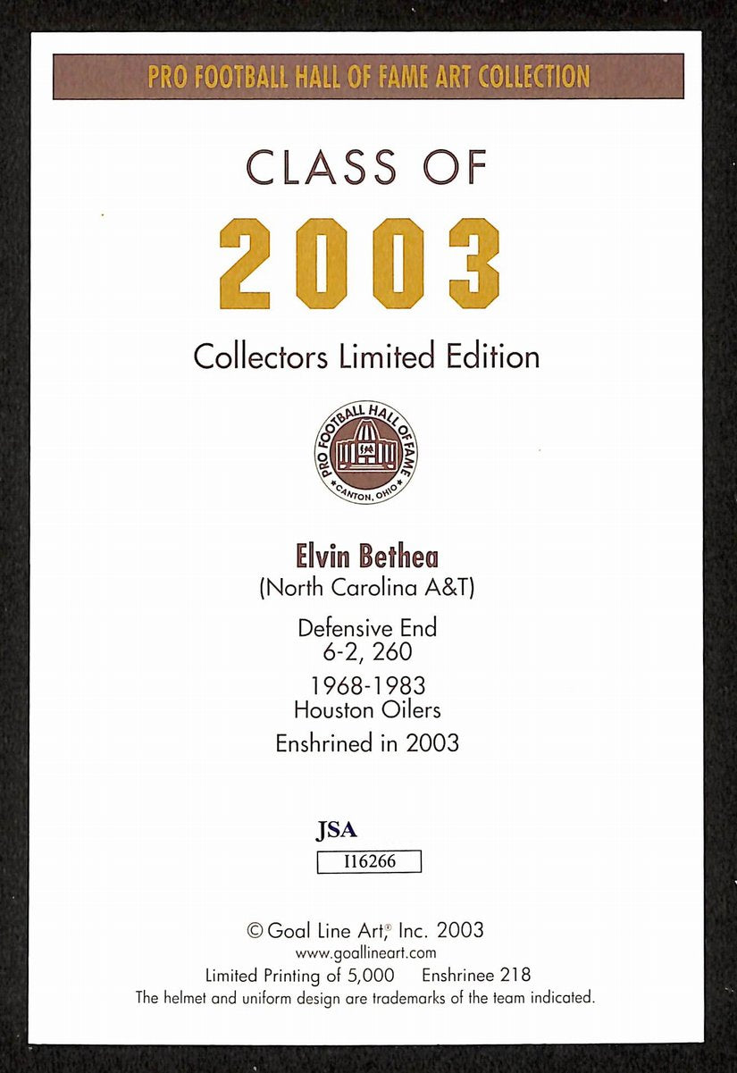 Elvin Bethea Signed/Inscr 2003 GLAC/Goal Line Art Postcard Oilers JSA 200297