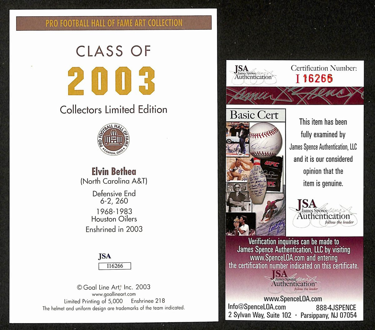 Elvin Bethea Signed/Inscr 2003 GLAC/Goal Line Art Postcard Oilers JSA 200297