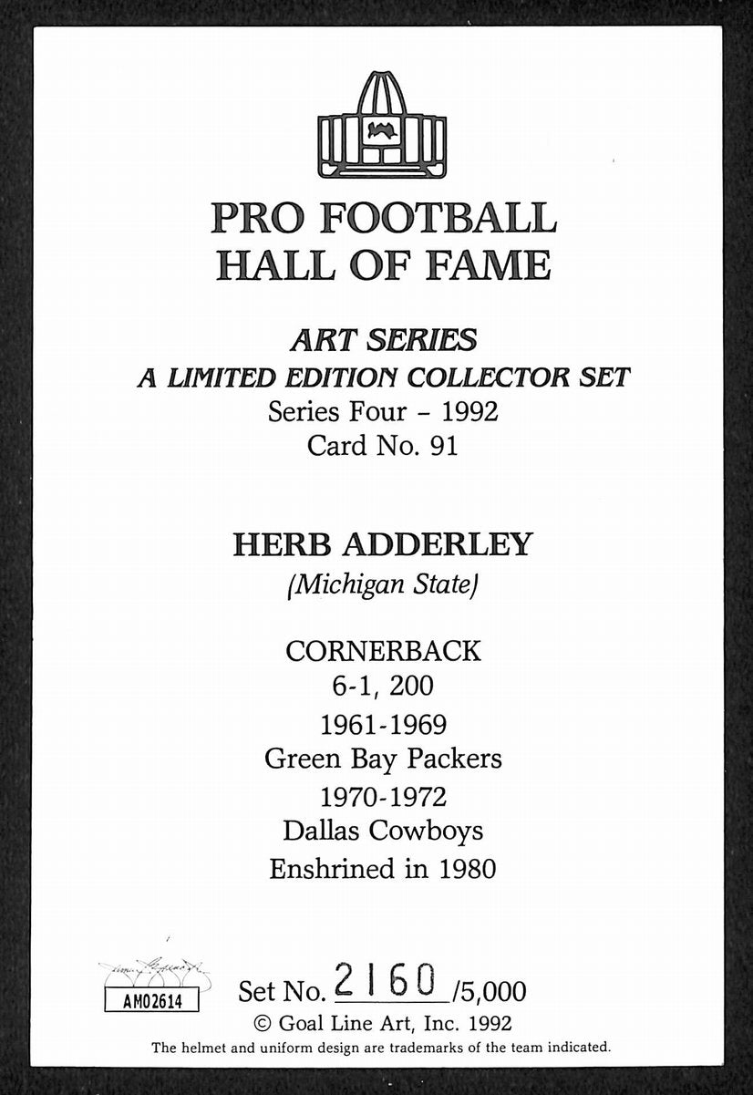 Herb Adderley Signed/Auto 1992 GLAC/Goal Line Art Postcard Packers JSA 200298