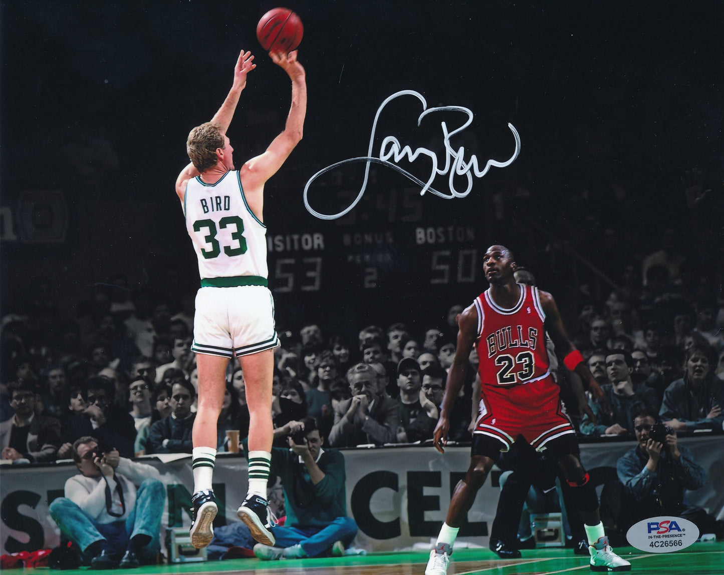 Larry Bird HOF Signed/Autographed 8x10 Photo w/ Jordan Celtics PSA/DNA 200133
