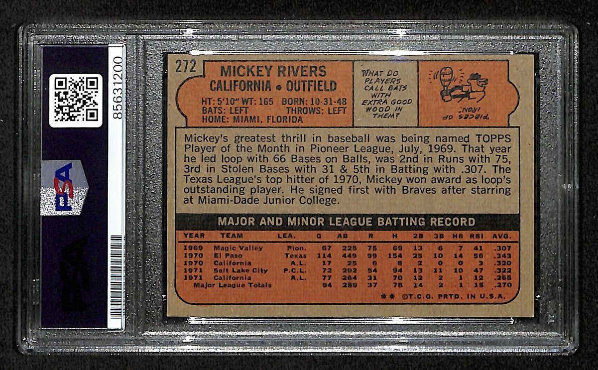 Mickey Rivers Signed/Inscribed 1972 TOPPS Card #272 Angels PSA/DNA 200436