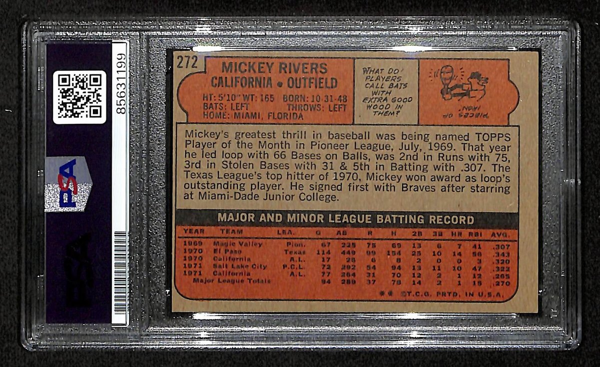 Mickey Rivers Signed/Inscribed 1972 TOPPS Card #272 Angels PSA/DNA 200437