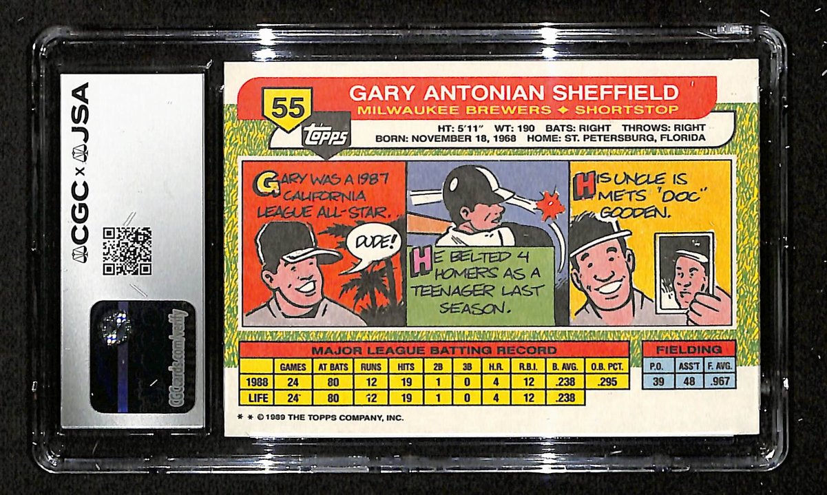 Gary Sheffield Signed/Auto 1989 TOPPS Big RC Card #55 Brewers CGC/JSA 199130
