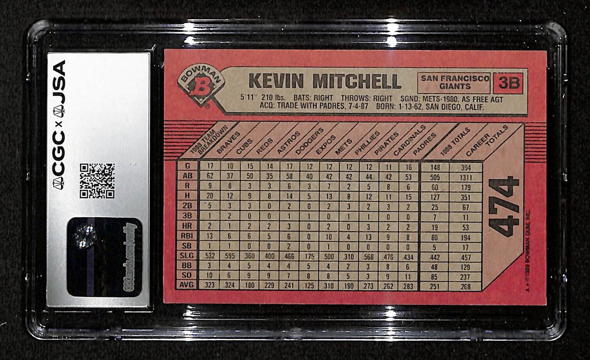 Kevin Mitchell Signed/Autographed 1989 Bowman Card #474 Giants CGC/JSA 199087