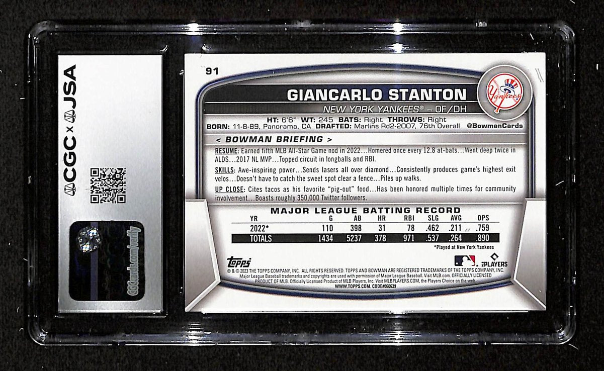 Giancarlo Stanton Signed/Auto 2023 Bowman Card #91 Yankees CGC/JSA 199096