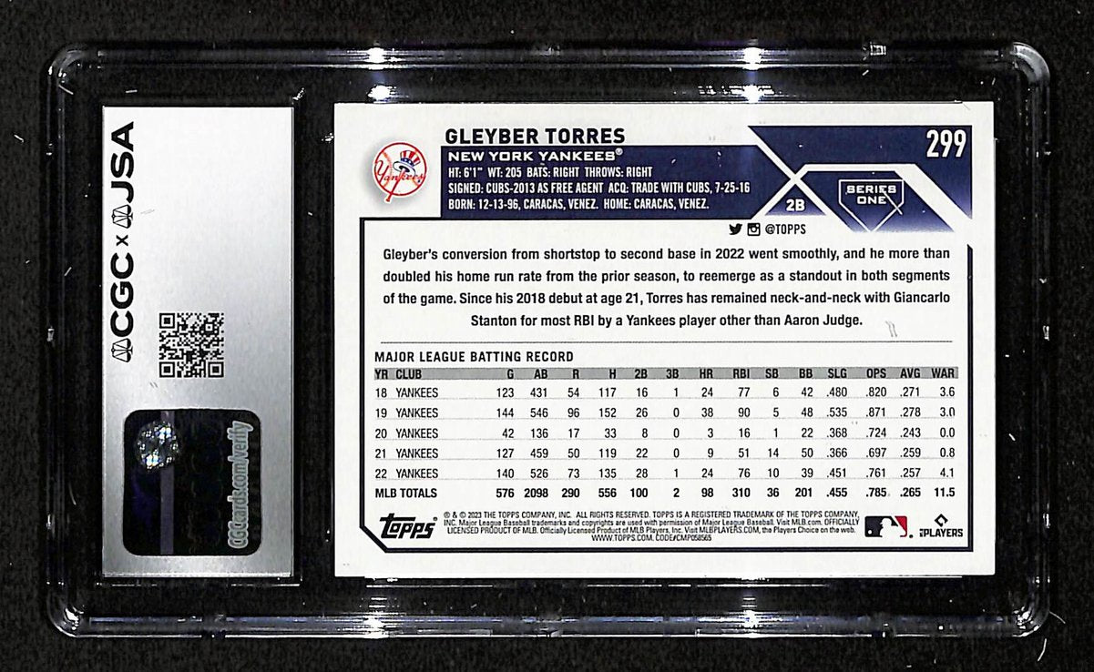 Gleyber Torres Signed/Auto 2023 TOPPS Card #299 Yankees CGC/JSA 199099