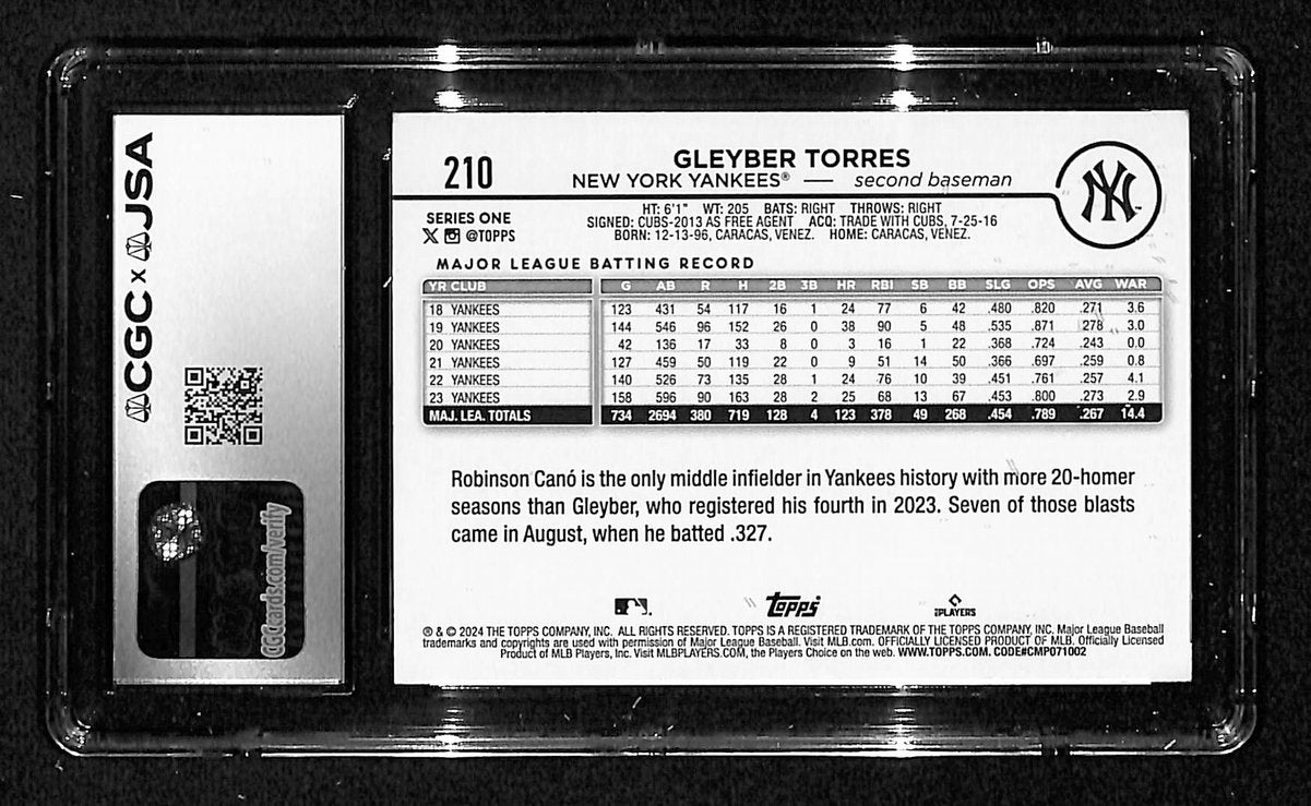 Gleyber Torres Signed/Auto 2024 TOPPS Card #210 Yankees CGC/JSA 199104