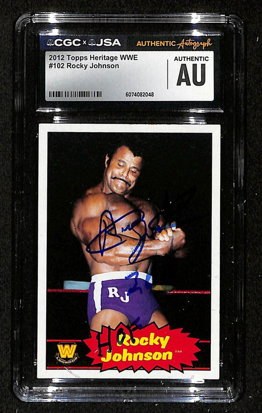 Rocky Johnson Signed/Inscribed 2012 TOPPS WWE Card #102 CGC/JSA 199117