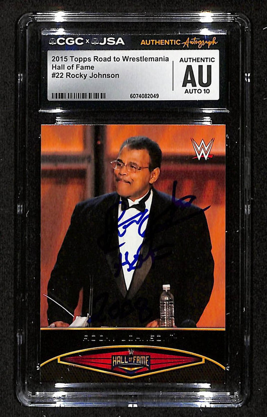 Rocky Johnson Signed/Inscribed 2015 TOPPS WWE Card #22 CGC/JSA 199118
