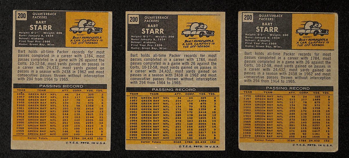 Lot of (3) 1971 TOPPS Football Cards #200 Bart Starr Green Bay Packers 200466