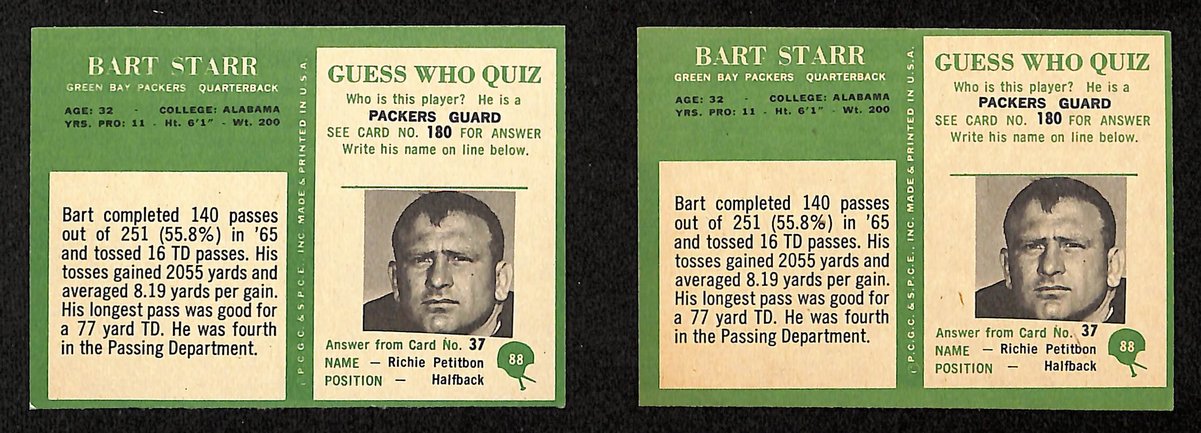Lot of (2) 1966 Philadelphia Football Cards #88 Bart Starr Packers 200467