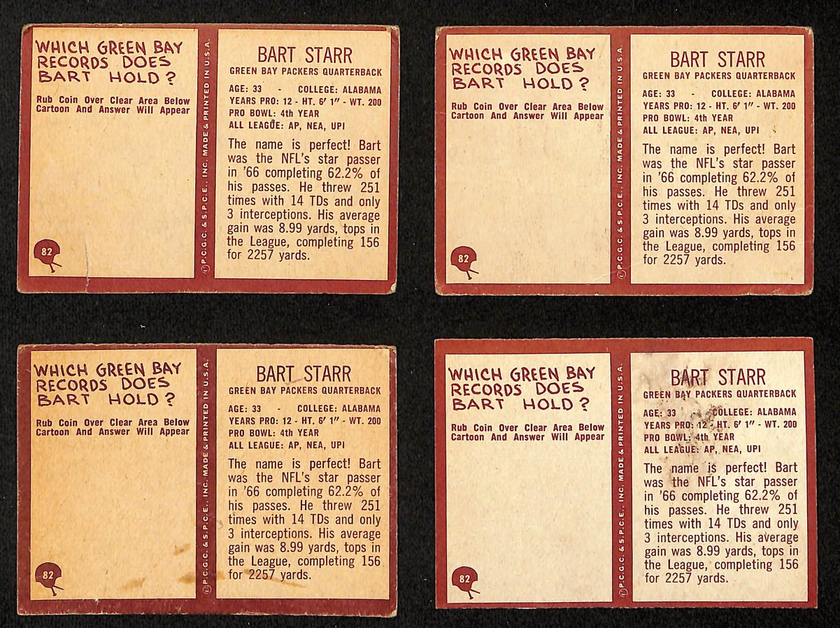 Lot of (4) 1967 Philadelphia Football Cards #82 Bart Starr Packers 200468