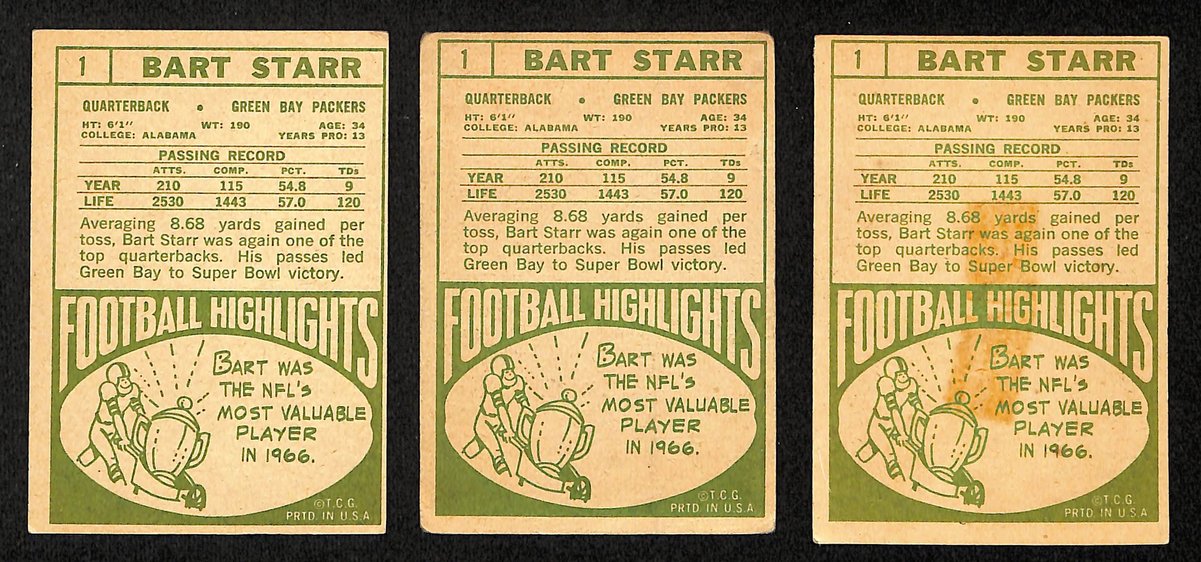 Lot of (3) 1968 TOPPS Football Cards #1 Bart Starr Green Bay Packers 200469