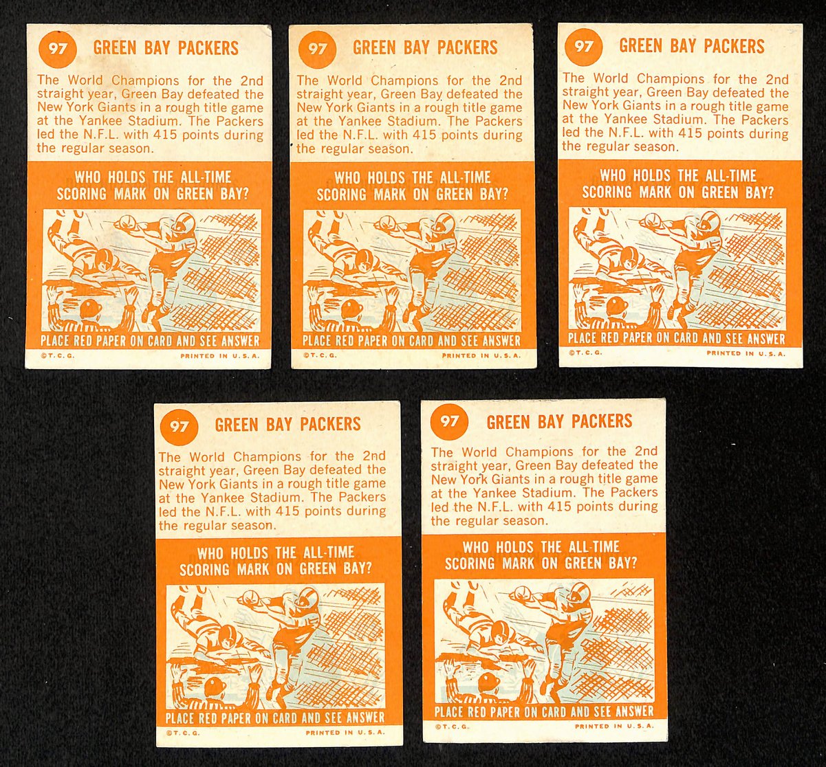 Lot of (5) 1963 TOPPS Football Cards #97 Green Bay Packers Team 200471