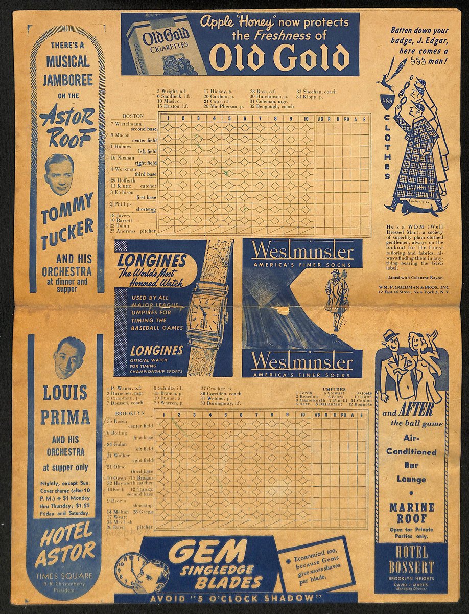 1944 Brooklyn Dodgers  vs. Boston Red Sox Program Score Card 200590