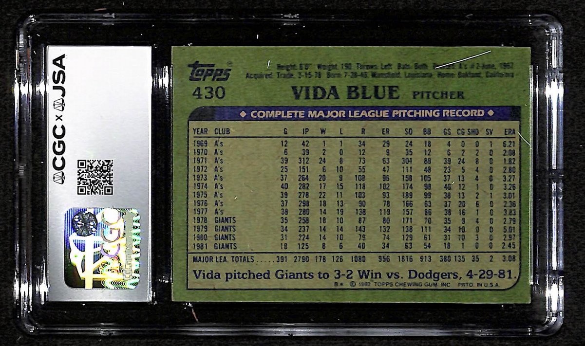 Vida Blue Signed/Autographed 1982 TOPPS Card #430 Giants CGC/JSA 200854