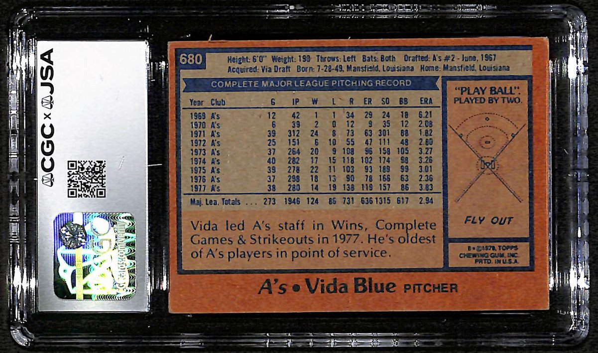 Vida Blue Signed/Autographed 1978 TOPPS Card #680 A's CGC/JSA 200855