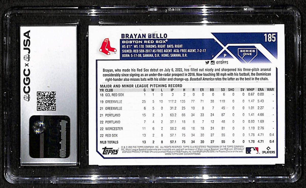 Brayan Bello Signed/Auto 2023 TOPPS RC Card #185 Red Sox CGC/JSA 200858