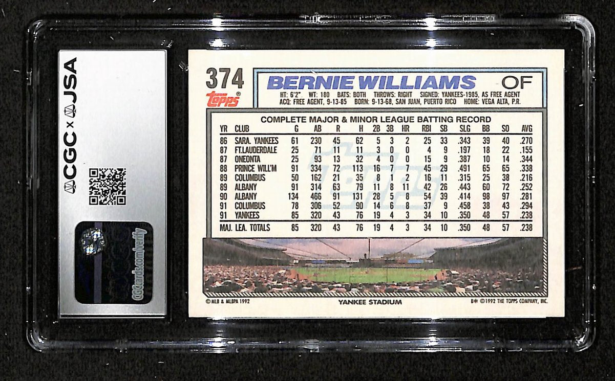 Bernie Williams Signed/Auto 1992 TOPPS Card #374 Yankees CGC/JSA 200532