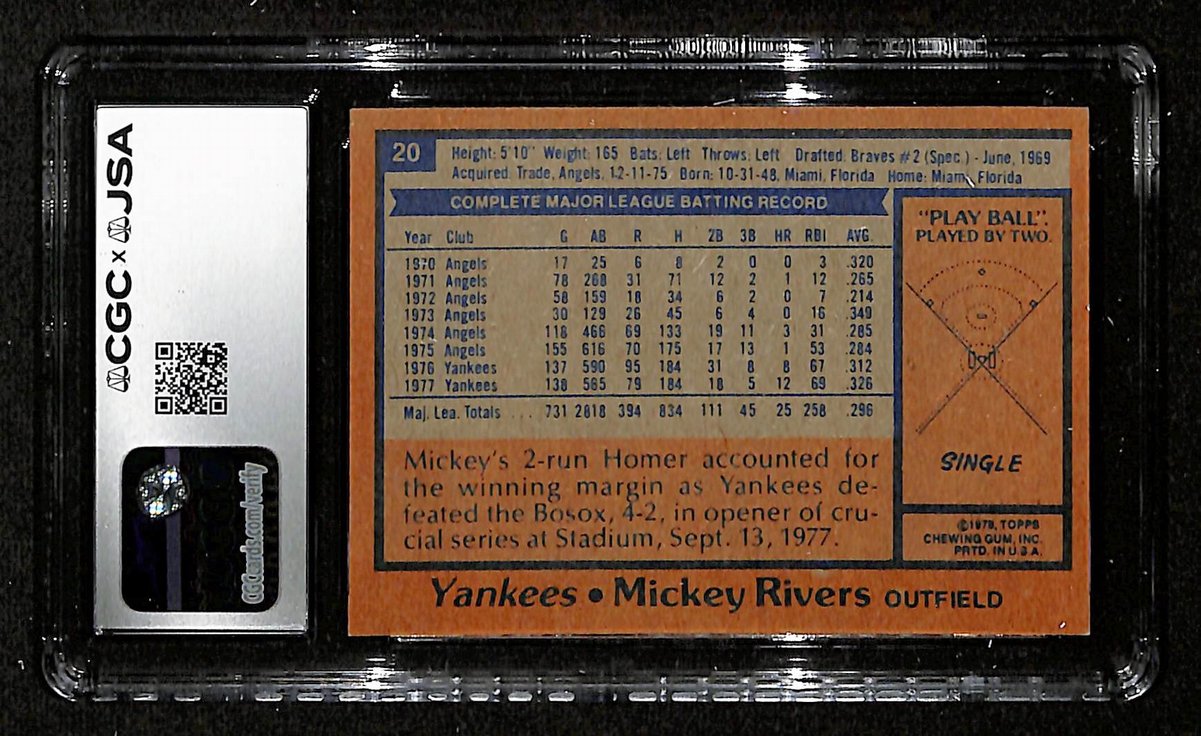 Mickey Rivers Signed/Inscr 1978 TOPPS Card #20 Yankees CGC/JSA 200535
