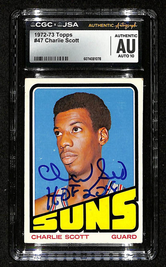 Charlie Scott HOF Signed/Inscr 1972-73 TOPPS Card #47 Suns CGC/JSA 200552