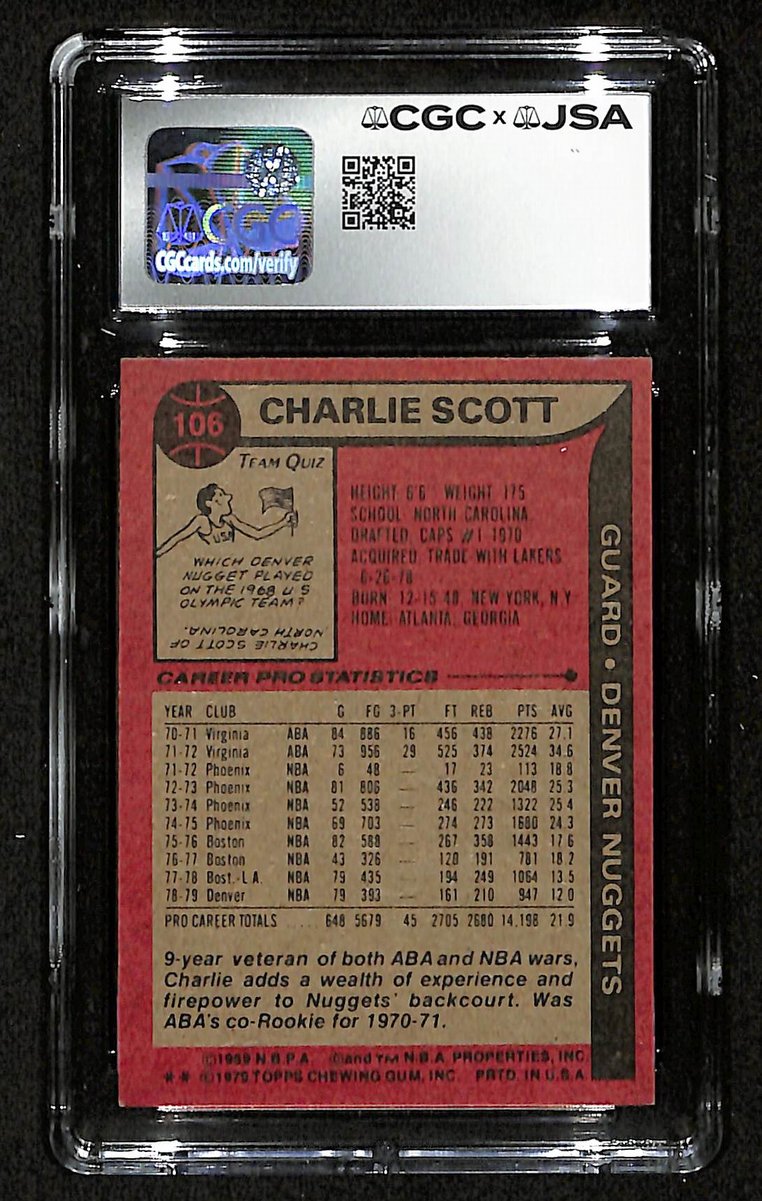 Charlie Scott HOF Signed/Inscr 1979-80 TOPPS Card #106 Nuggets CGC/JSA 200553