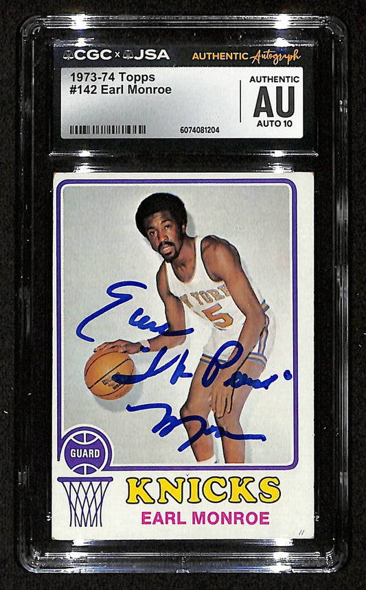 Earl Monroe HOF Signed/Inscr 1973-74 TOPPS Card #142 Knicks CGC/JSA 200554