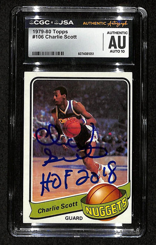 Charlie Scott HOF Signed/Inscr 1979-80 TOPPS Card #106 Nuggets CGC/JSA 200569