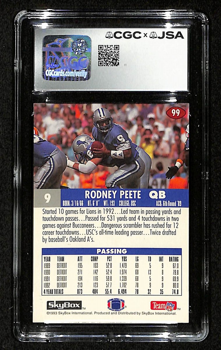 Rodney Peete Signed/Auto 1993 SkyBox Card #99 Detroit Lions CGC/JSA 200572