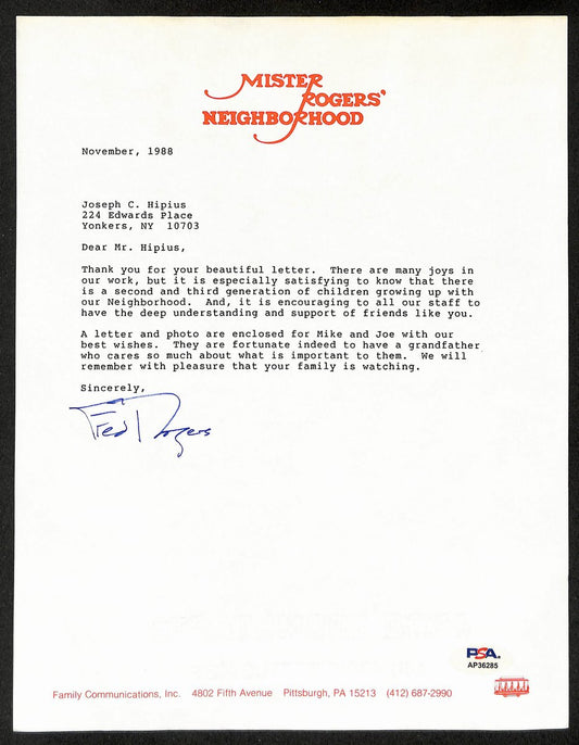 Fred Rogers Signed/Auto Typed Letter Signed (TLS) "Mr. Rogers" PSA/DNA 199387
