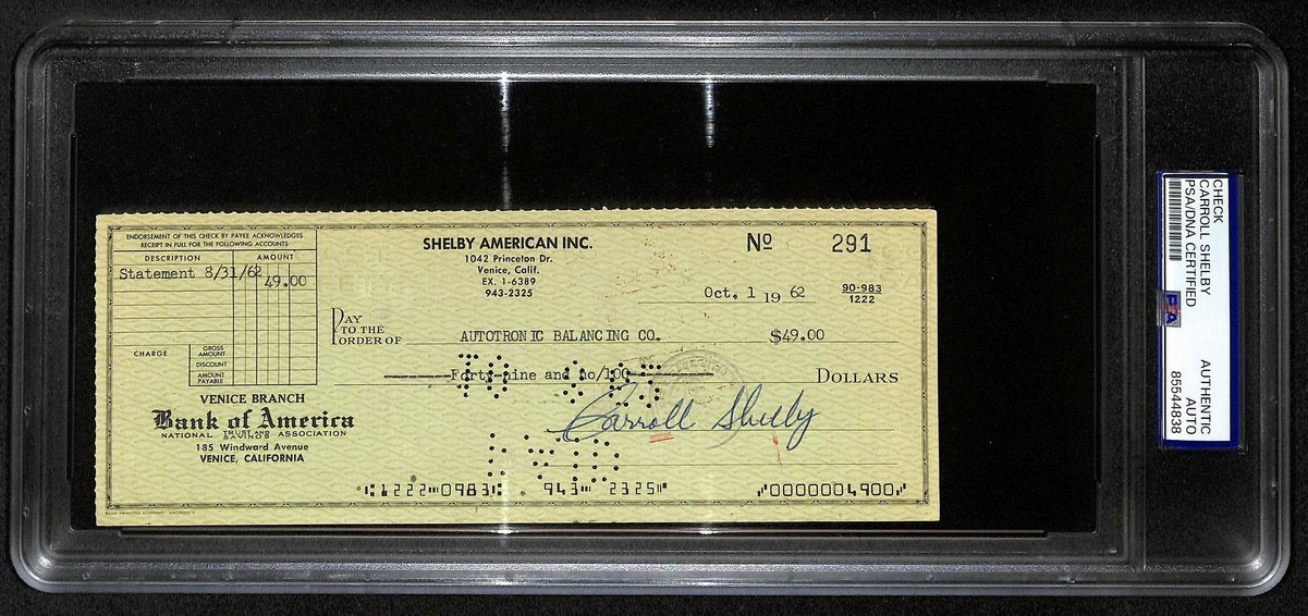 Carroll Shelby Shelby GT Autographed 3.5x8.5 Check PSA/DNA Encapsulated 199532
