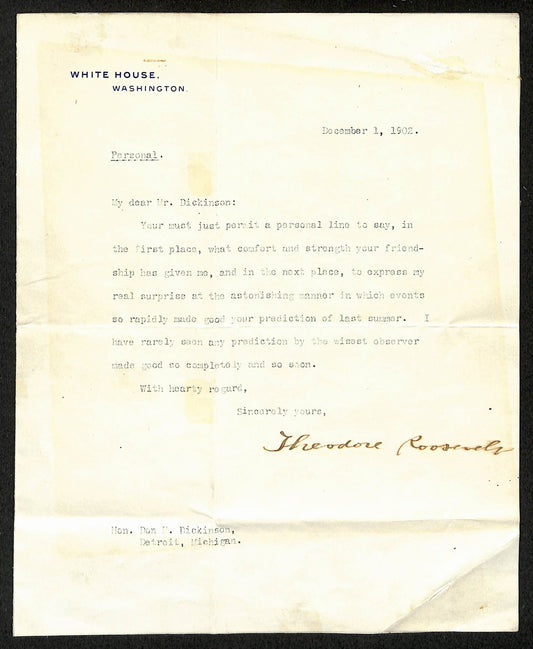 Theodore Roosevelt Signed Typed Letter (TLS) Former President JSA Full LOA 00703