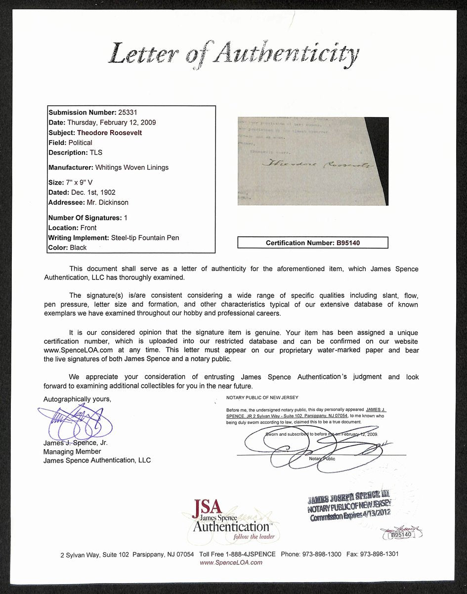 Theodore Roosevelt Signed Typed Letter (TLS) Former President JSA Full LOA 00703